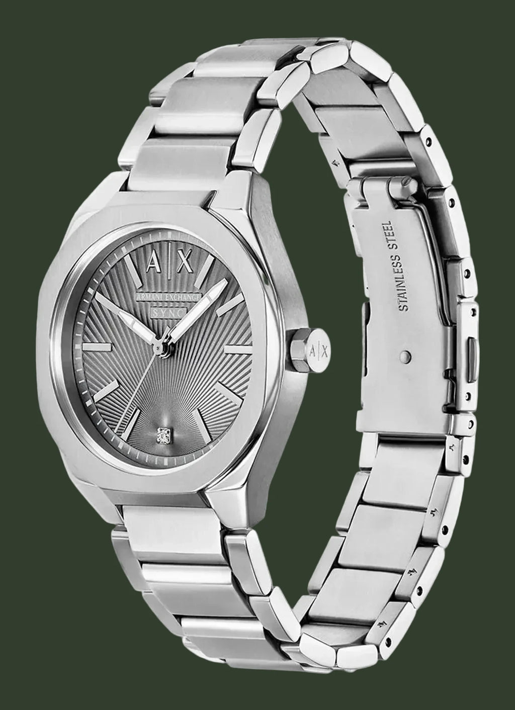 A stainless steel wrist watch with a silver textured dial, silver-tone case, and matching steel link bracelet, shown on a plain white background.