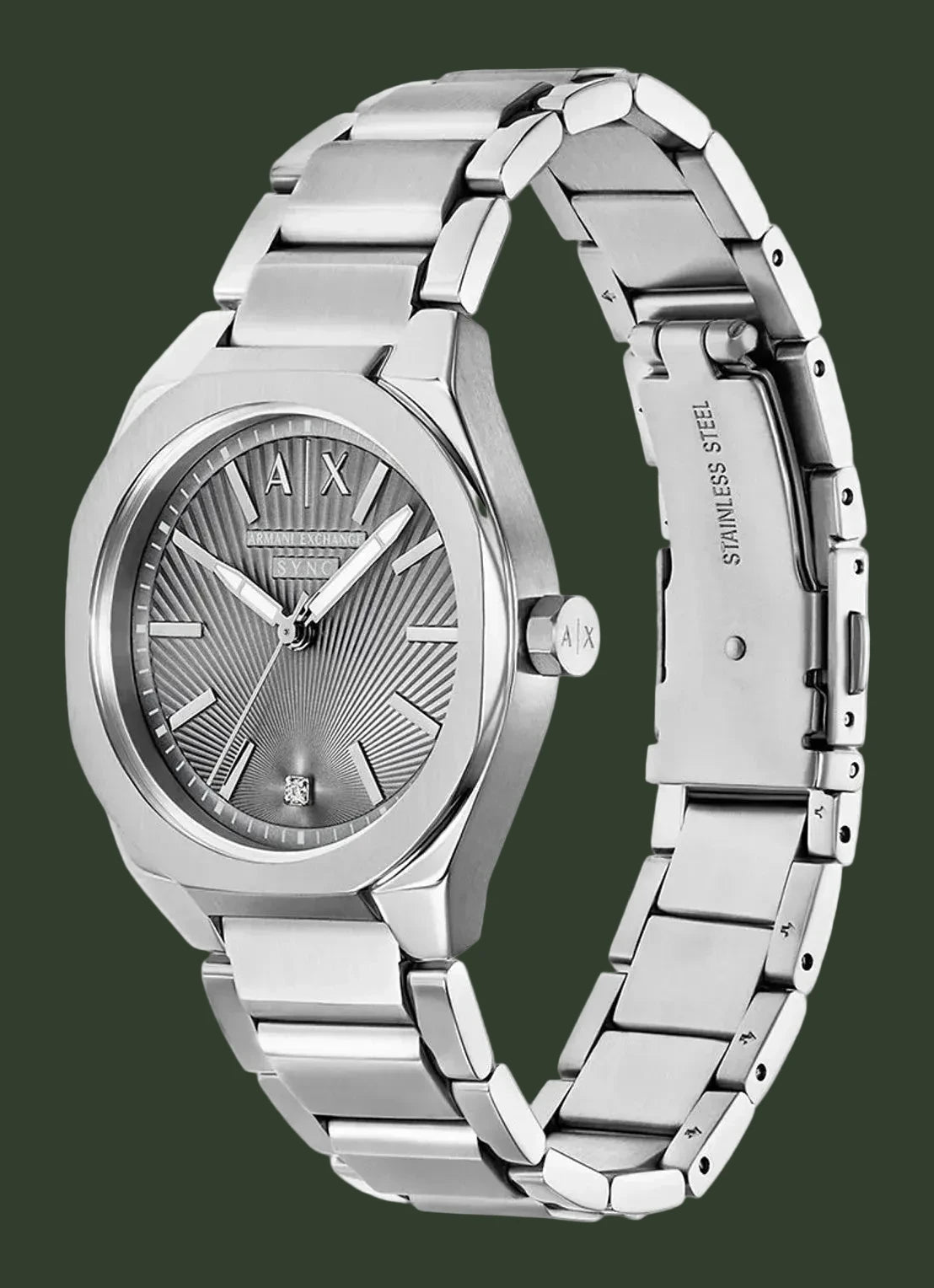 A stainless steel wrist watch with a silver textured dial, silver-tone case, and matching steel link bracelet, shown on a plain white background.