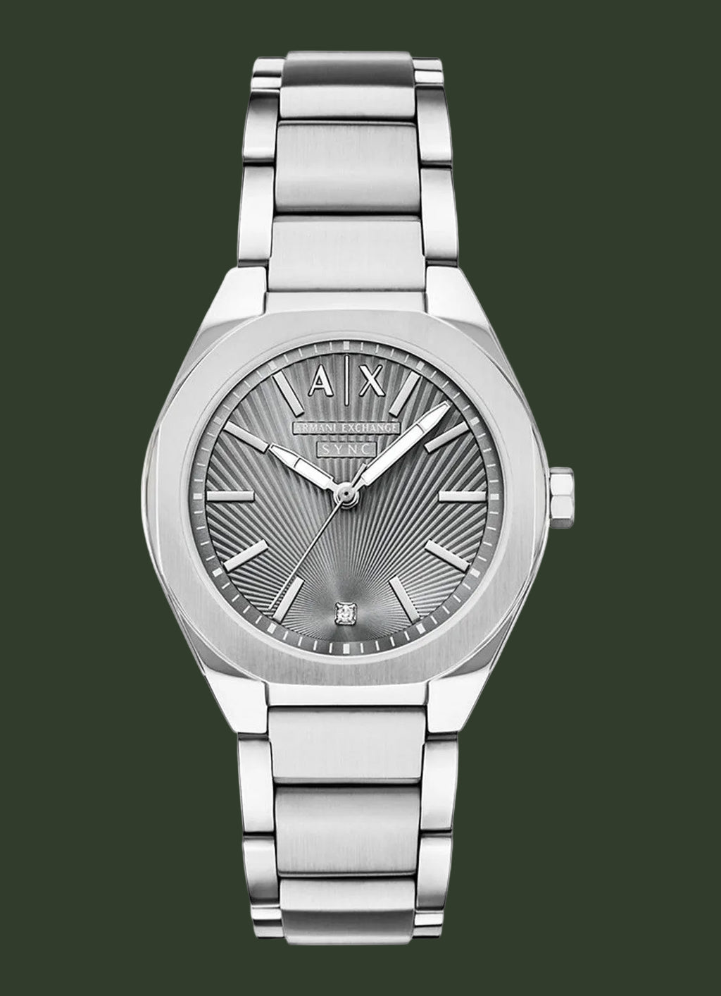 An analog wristwatch with a silver stainless steel case and integrated metal link bracelet, featuring a textured sunburst dial with silver-tone hands and markers.