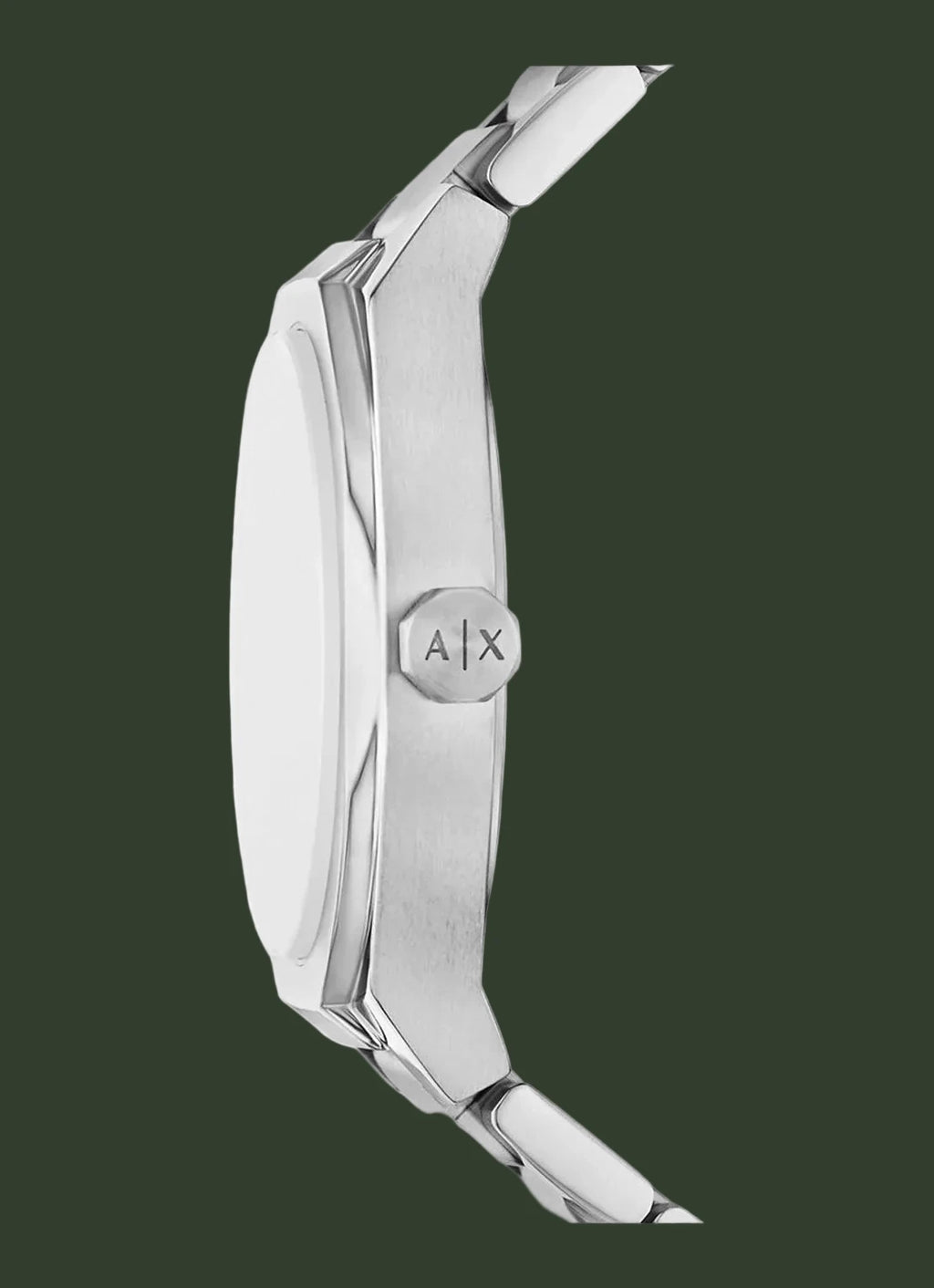 Close-up side profile of a silver stainless steel watch with a matching metal link bracelet, featuring the 'A|X' logo on the crown guard, set against a plain white background.