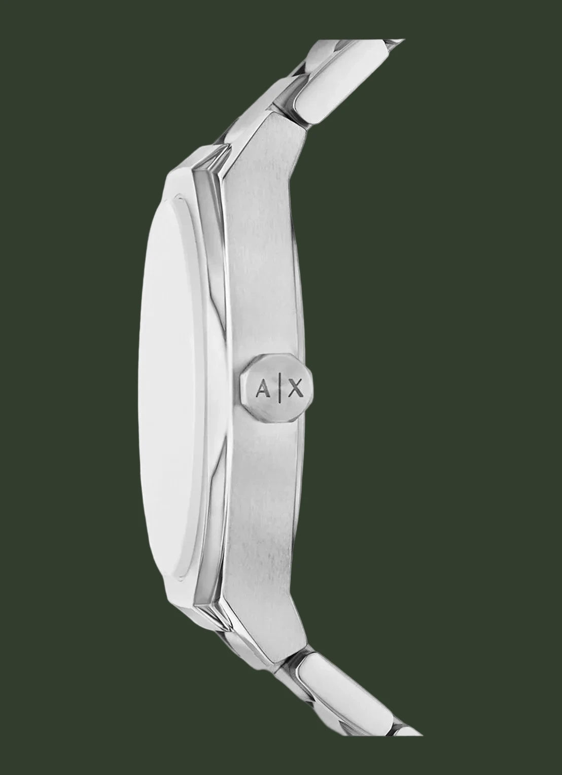 Close-up side profile of a silver stainless steel watch with a matching metal link bracelet, featuring the 'A|X' logo on the crown guard, set against a plain white background.