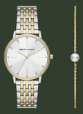 Two-tone Armani Exchange watch with a pearl necklace on a white background
