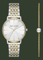 Two-tone Armani Exchange watch with a pearl necklace on a white background