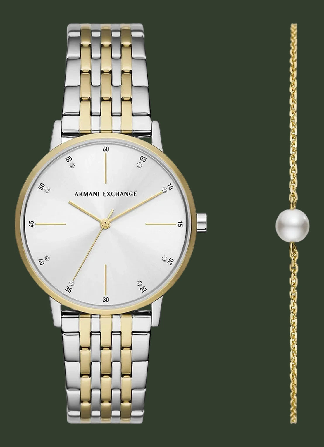 Two-tone Armani Exchange watch with a pearl necklace on a white background