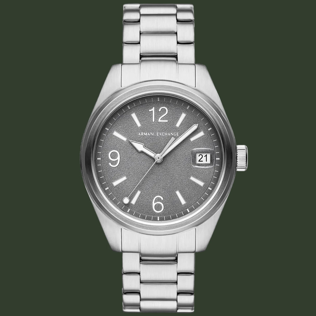 Silver Armani Exchange watch with a gray dial on a white background