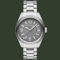 Silver Armani Exchange watch with a gray dial on a white background