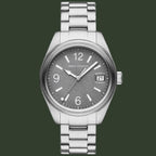 Silver Armani Exchange watch with a gray dial on a white background