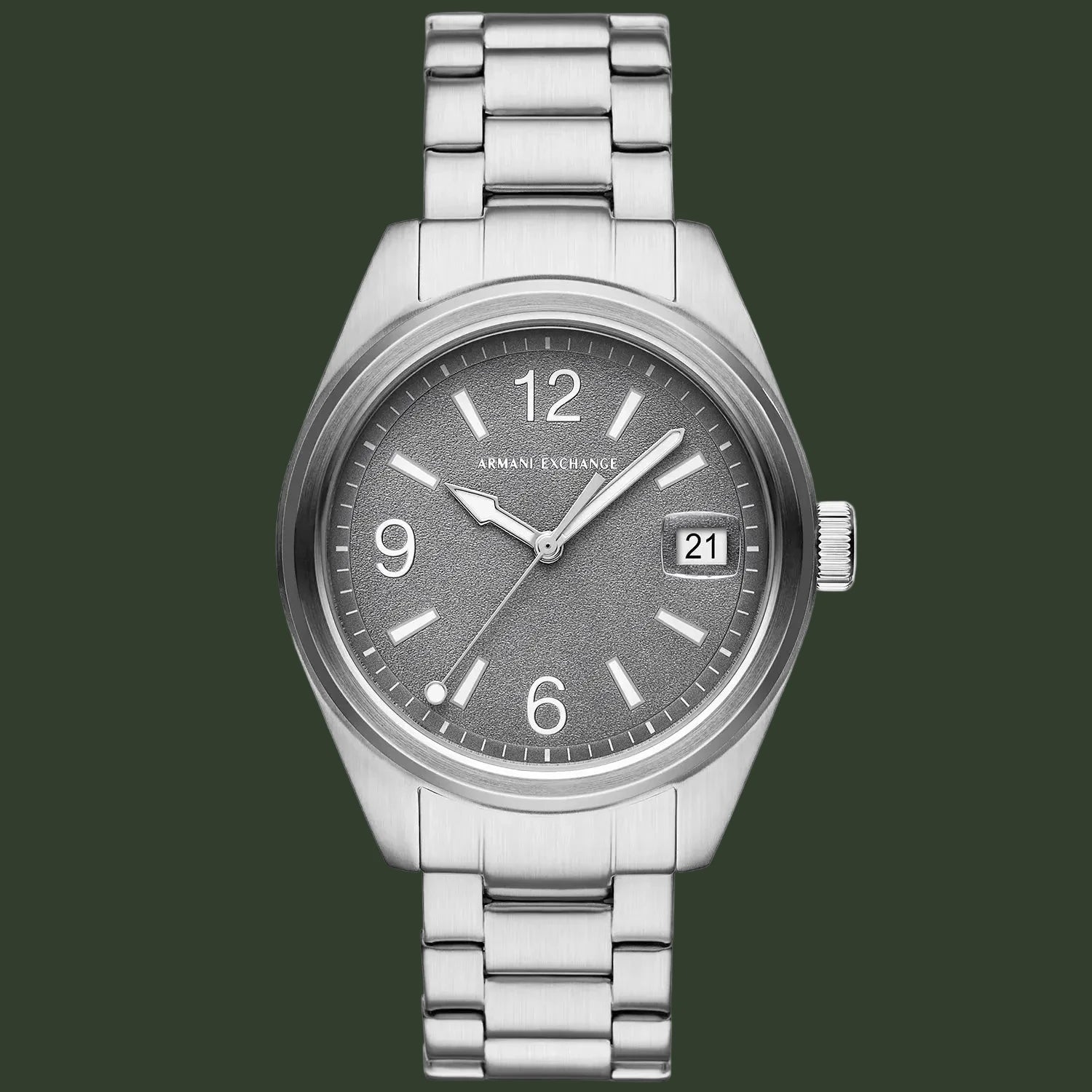 Silver Armani Exchange watch with a gray dial on a white background