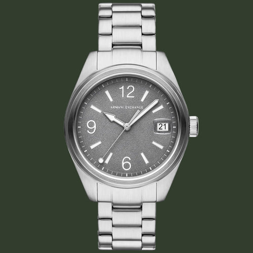 Silver Armani Exchange watch with a gray dial on a white background