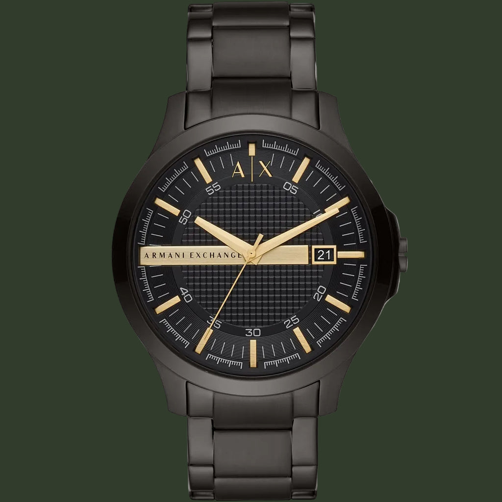 Black Armani Exchange watch with gold accents on a white background