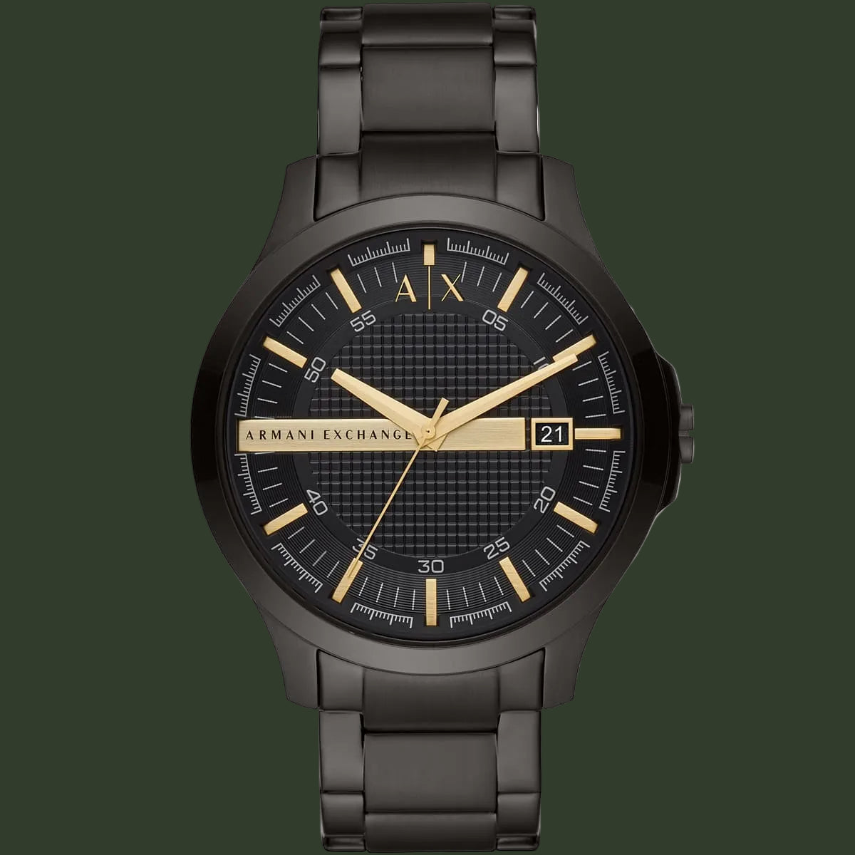 Black Armani Exchange watch with gold accents on a white background