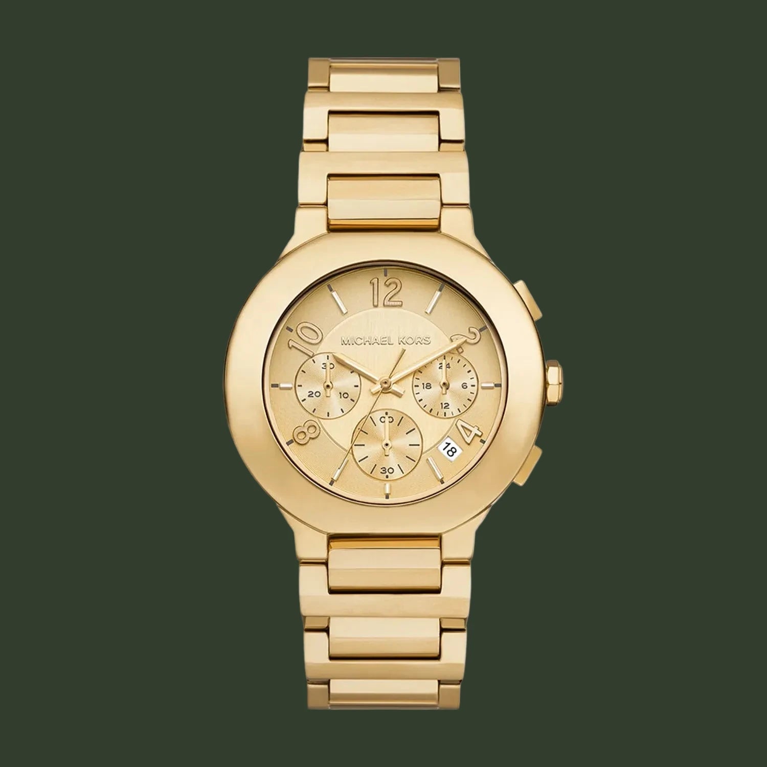 Gold watch with a detailed face on a white background