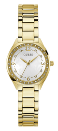 Gold-tone GUESS women's watch with a white sunburst dial, crystal rhinestone bezel, and matching gold-tone metal link bracelet.
