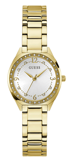 Gold-tone GUESS women's watch with a white sunburst dial, crystal rhinestone bezel, and matching gold-tone metal link bracelet.