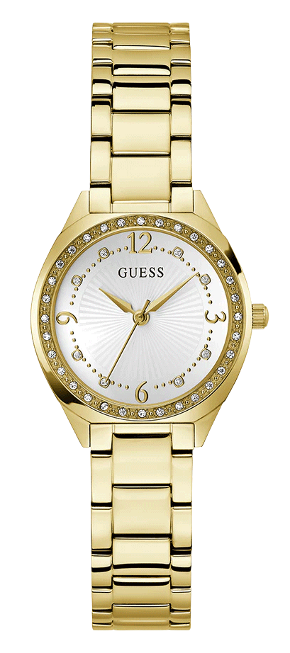 Gold-tone GUESS women's watch with a white sunburst dial, crystal rhinestone bezel, and matching gold-tone metal link bracelet.