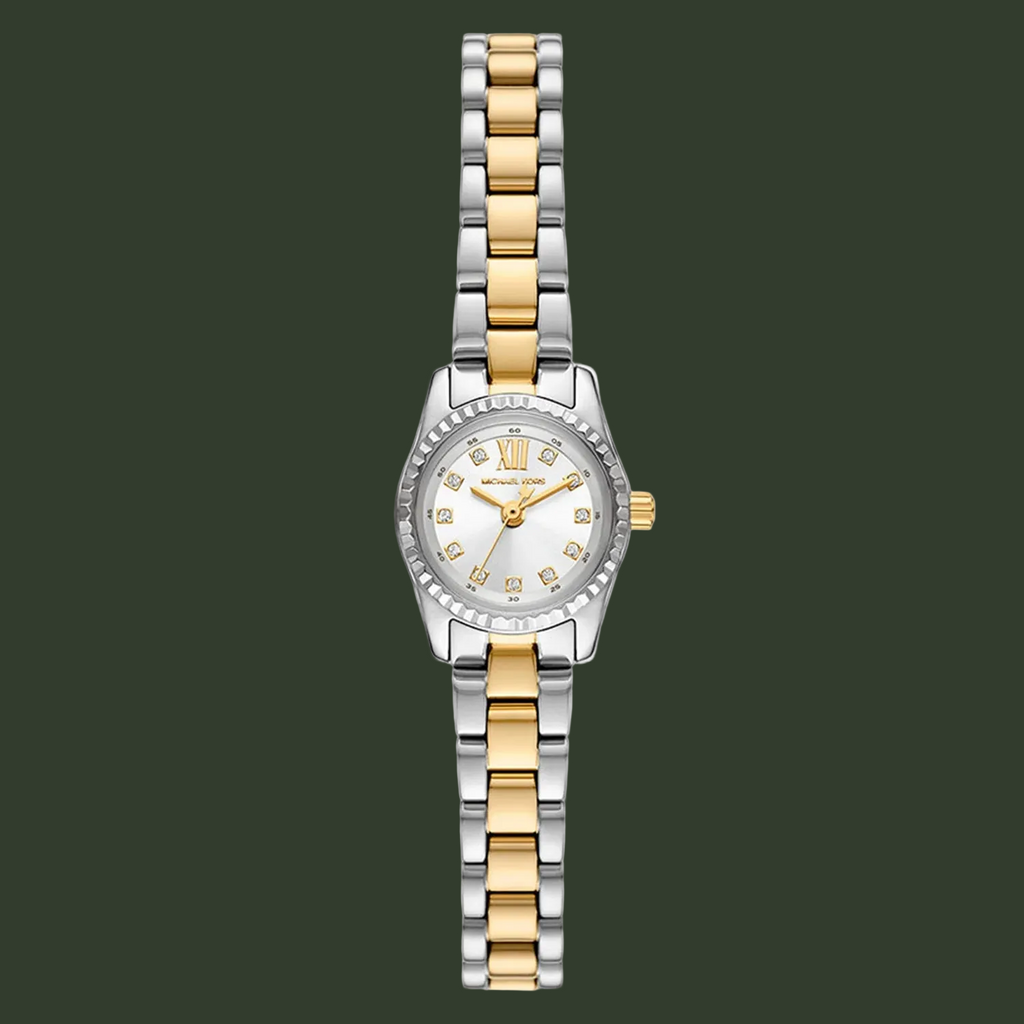 A women's two-tone Michael Kors watch with a silver and gold metal link bracelet, a silver bezel, and a white dial with gold hour markers.