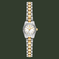 A women's two-tone Michael Kors watch with a silver and gold metal link bracelet, a silver bezel, and a white dial with gold hour markers.