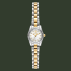 A women's two-tone Michael Kors watch with a silver and gold metal link bracelet, a silver bezel, and a white dial with gold hour markers.