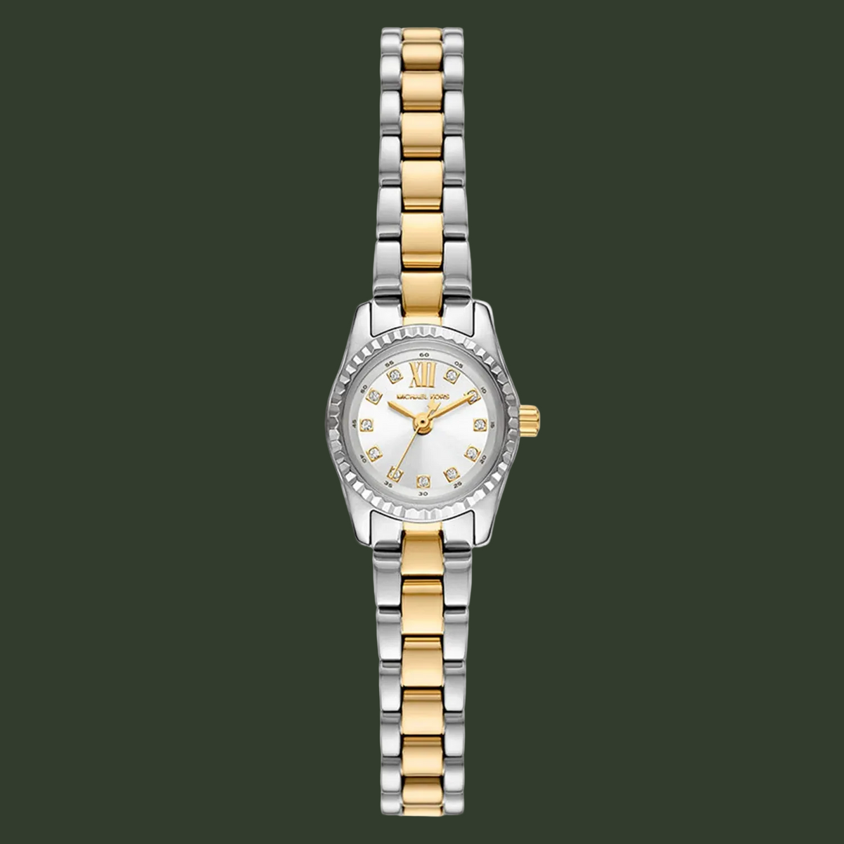 A women's two-tone Michael Kors watch with a silver and gold metal link bracelet, a silver bezel, and a white dial with gold hour markers.