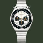 Silver Citizen chronograph watch on a white background
