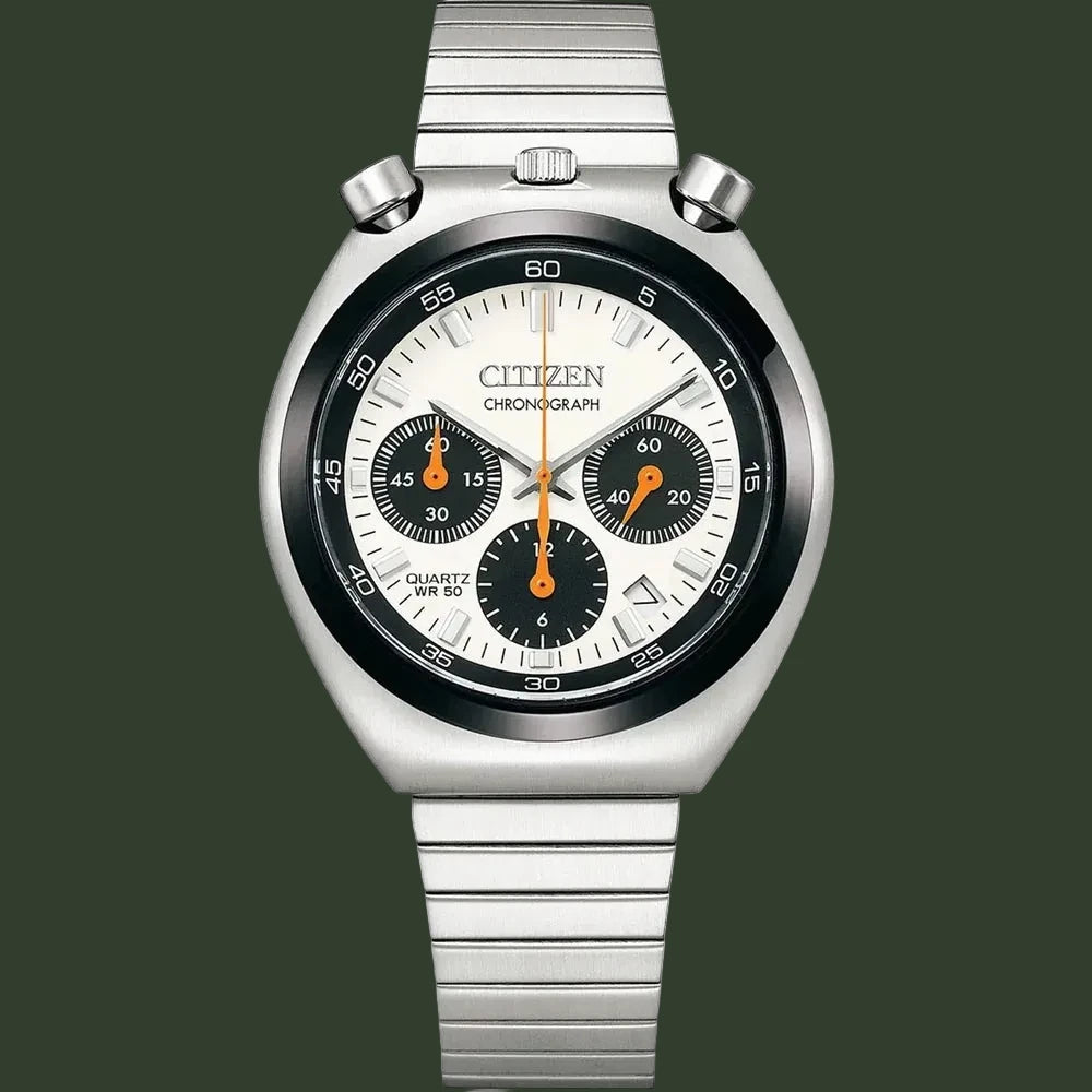 Silver Citizen chronograph watch on a white background