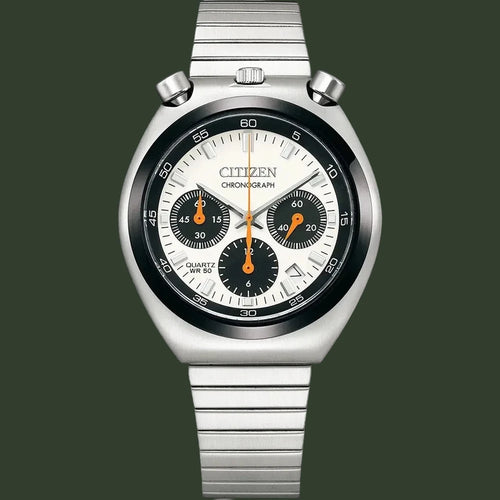 Silver Citizen chronograph watch on a white background