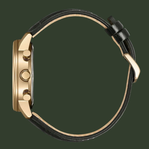 Close-up of a gold watch with black leather strap on a white background