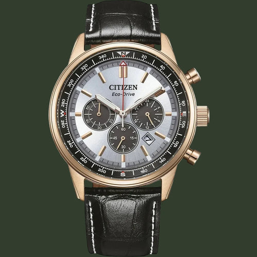 Citizen Eco-Drive watch with a rose gold case, silver dial, black chronograph subdials, and a black leather strap with white stitching, shown on a white background.