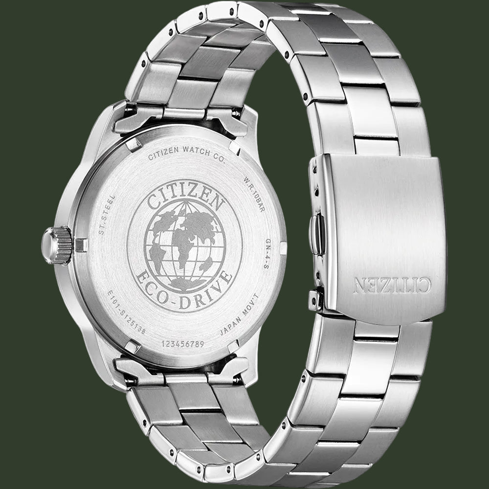 Silver Citizen watch with metal band on a white background