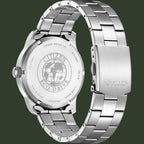 Silver Citizen watch with metal band on a white background