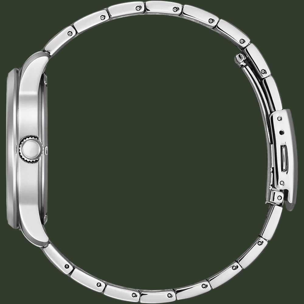 Silver stainless steel watch band with a matching round case, shown from a side profile view on a solid white background.