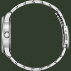 Silver stainless steel watch band with a matching round case, shown from a side profile view on a solid white background.
