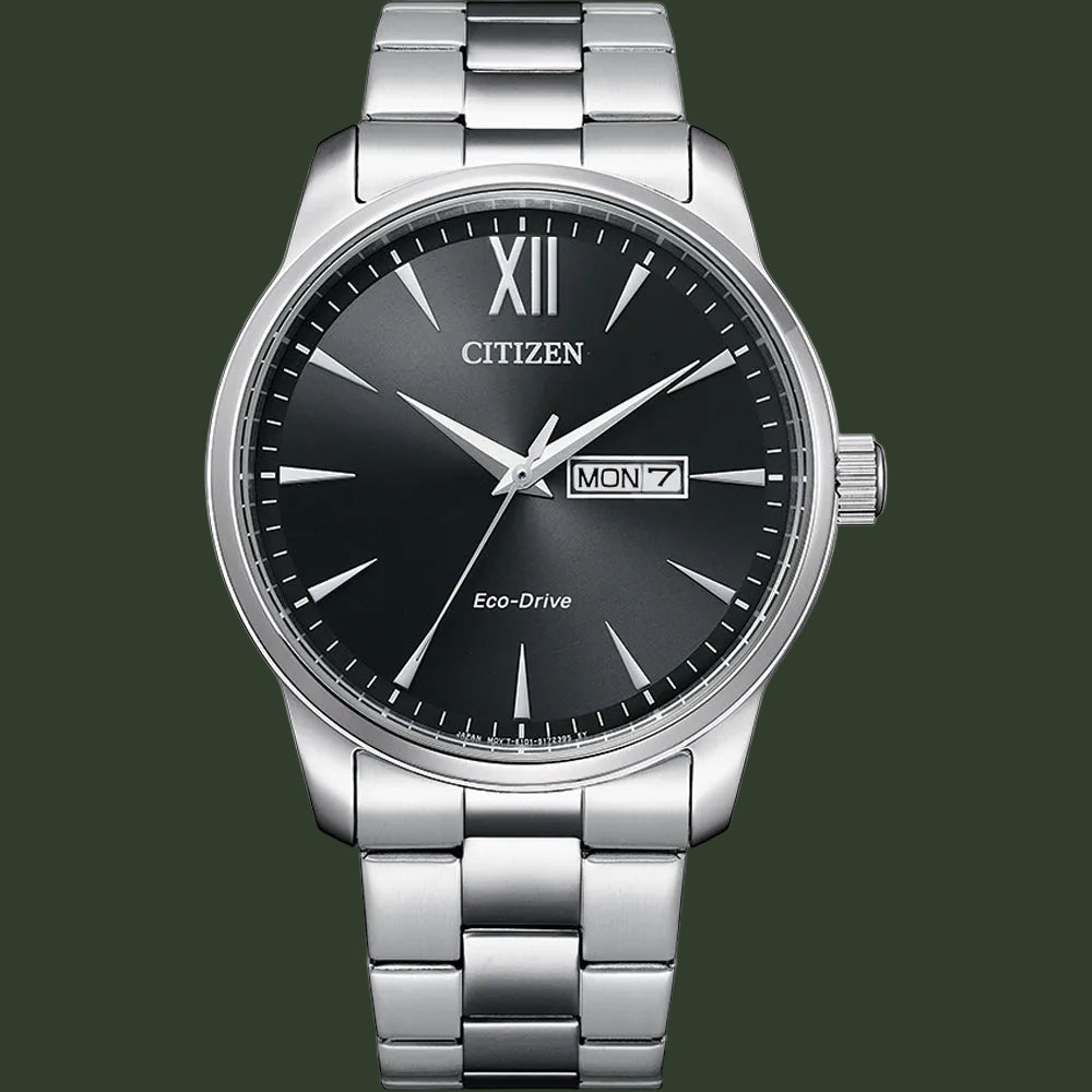Silver Citizen watch with black dial on a white background