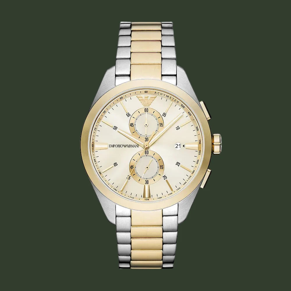 Two-tone watch with silver and gold band on a white background