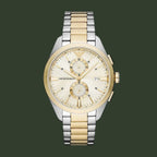 Two-tone watch with silver and gold band on a white background