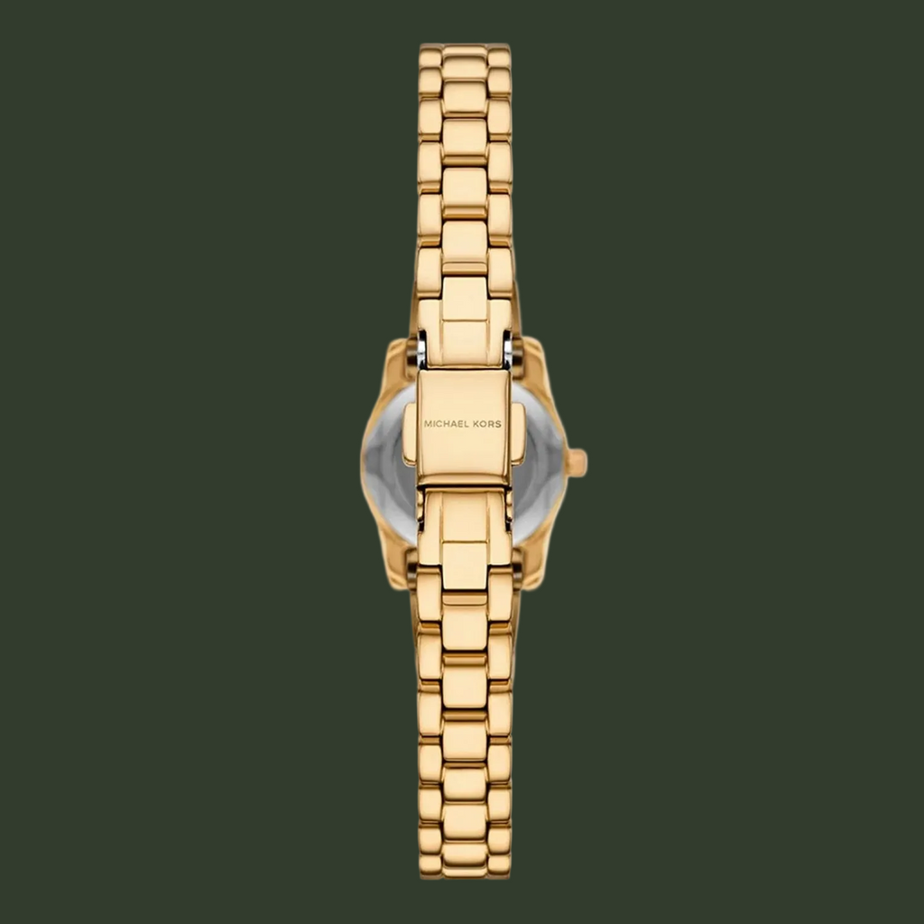 A gold-tone stainless steel watch with a matching link bracelet, shown from the back on a solid white background. The brand name 'MICHAEL KORS' is clearly engraved on the clasp.
