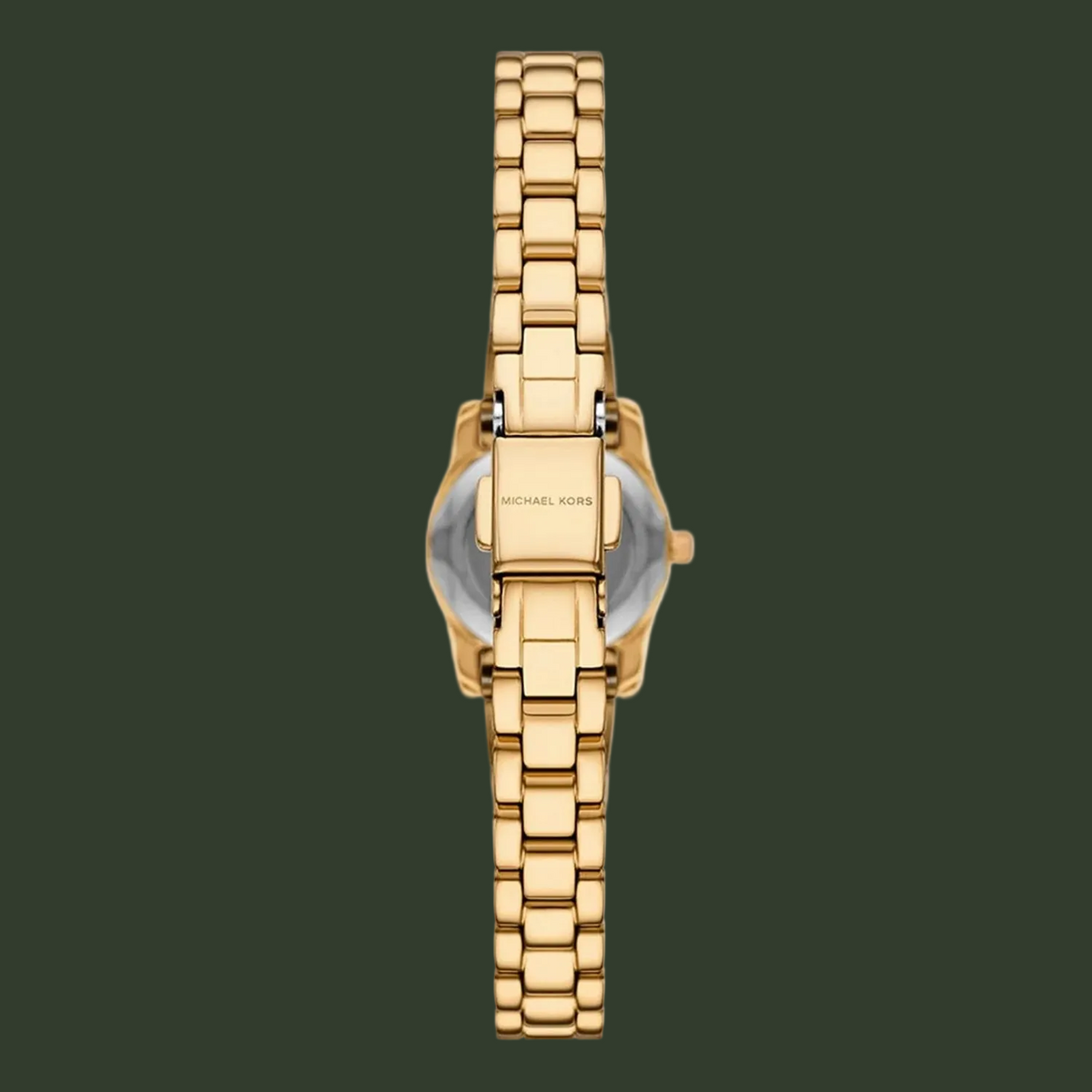 A gold-tone stainless steel watch with a matching link bracelet, shown from the back on a solid white background. The brand name 'MICHAEL KORS' is clearly engraved on the clasp.