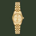 Gold watch with diamond-studded face on a white background