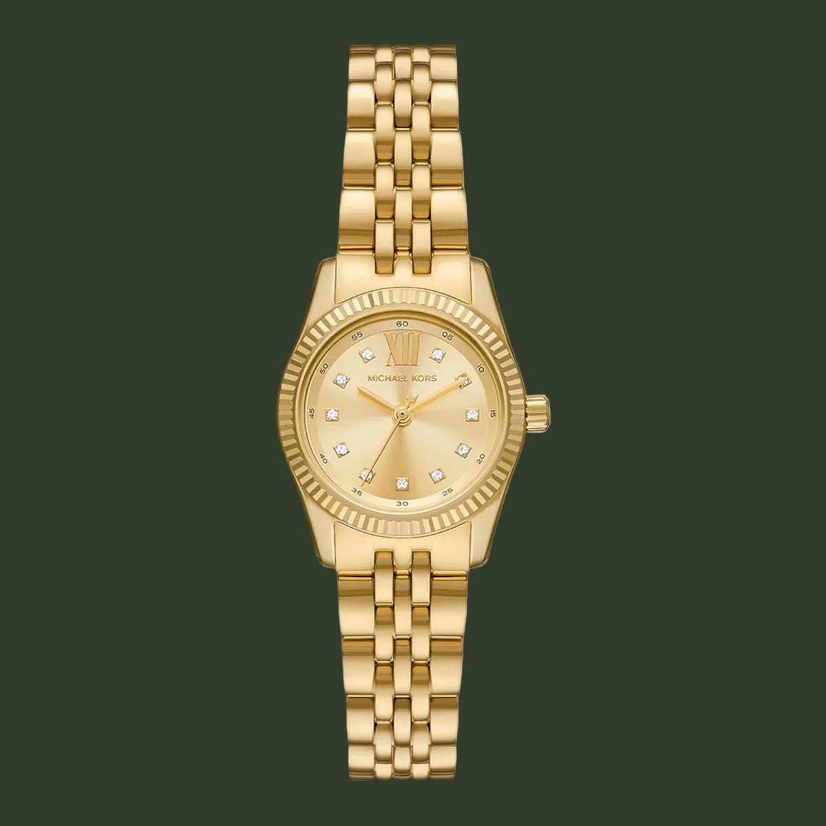 Gold watch with diamond-studded face on a white background