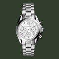 Silver watch with a detailed face on a white background 
