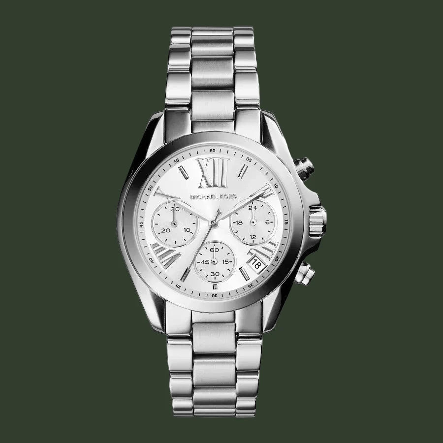 Silver watch with a detailed face on a white background 