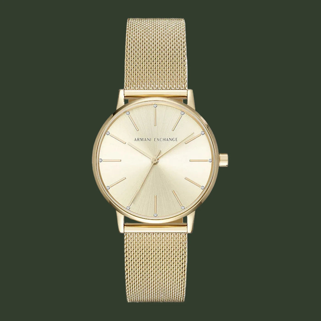 Gold watch with mesh strap on a white background