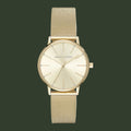 Gold watch with mesh strap on a white background