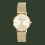 Gold watch with mesh strap on a white background