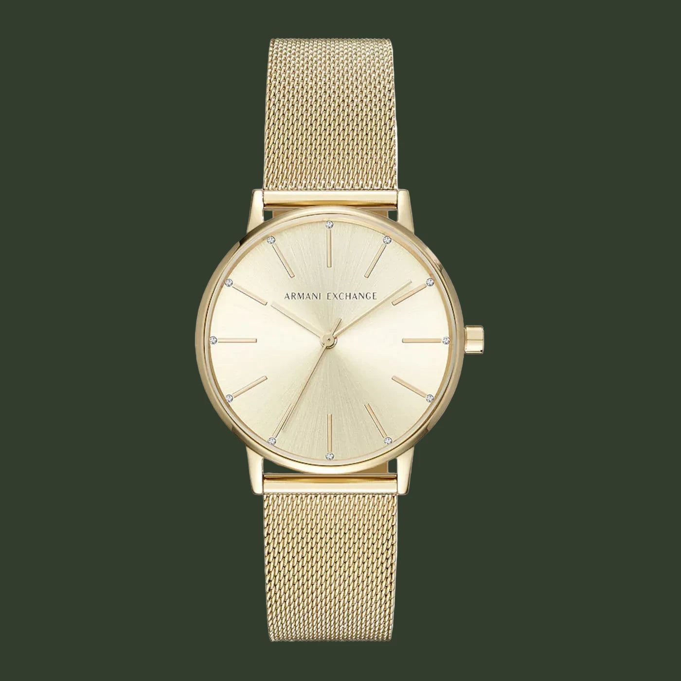 Gold watch with mesh strap on a white background
