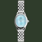 A silver-tone metal wristwatch with a round light blue dial, Roman numeral hour markers, and a matching silver link bracelet, shown against a plain white background.