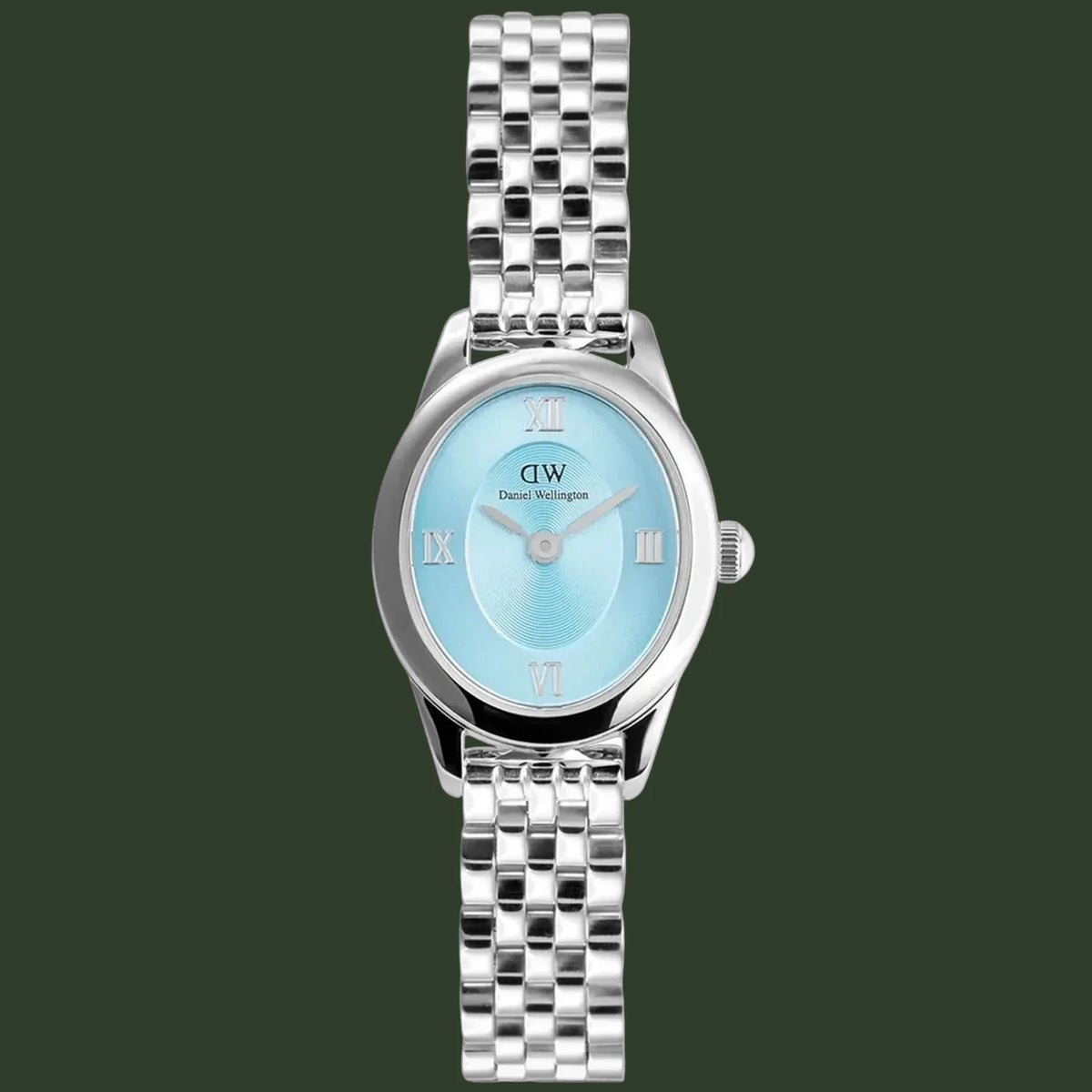 A silver-tone metal wristwatch with a round light blue dial, Roman numeral hour markers, and a matching silver link bracelet, shown against a plain white background.