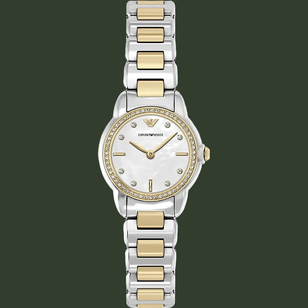 An Armani Exchange women's two-tone watch with a silver and gold-tone metal link bracelet, a white dial with mother-of-pearl texture, and a bezel set with small clear crystals.