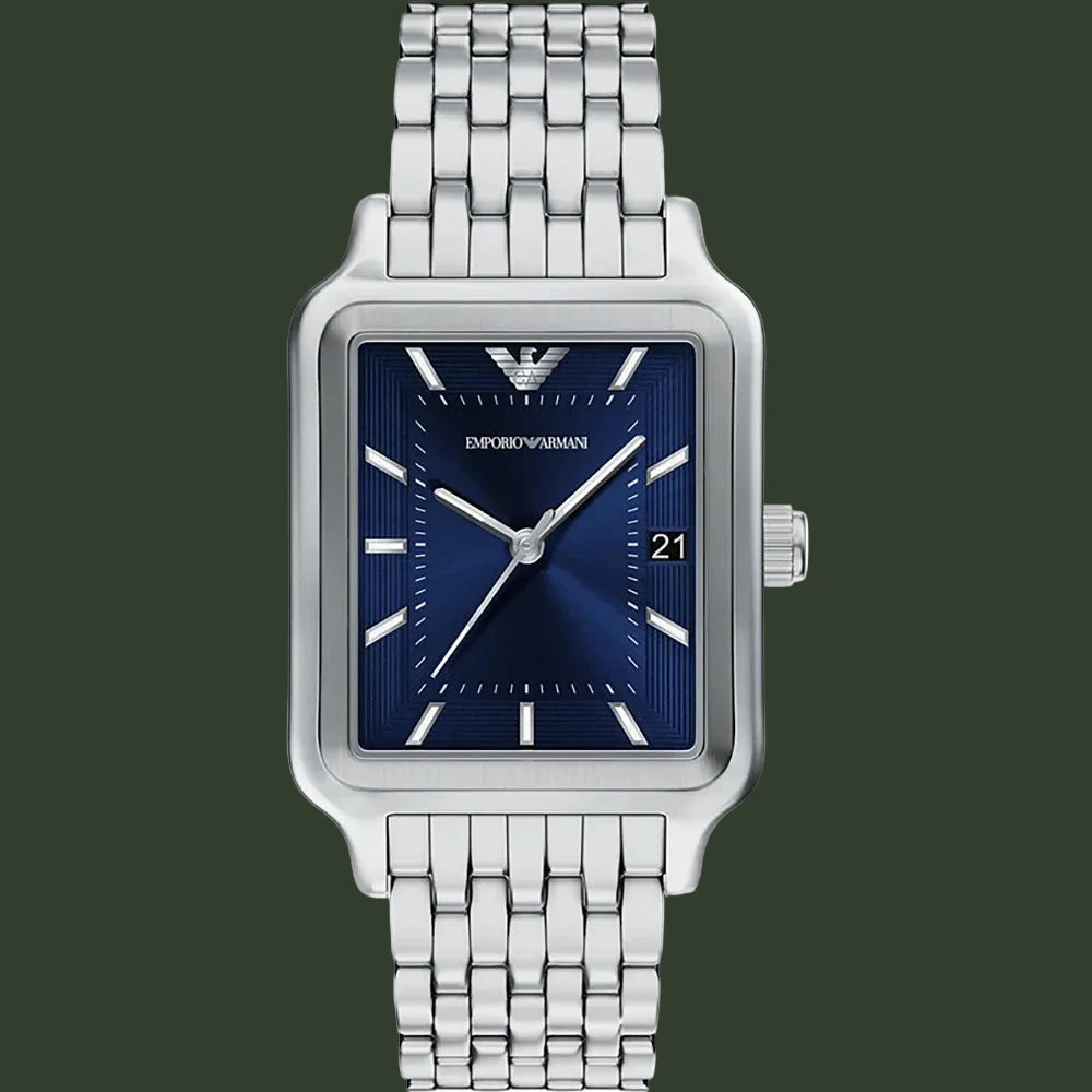 Silver watch with blue face on a white background