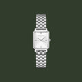 Silver watch with a rectangular face on a white background